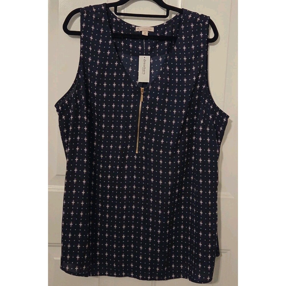 Dressbarn sleeveless blouse navy w/white & pink geometric diamond pattern - 3X